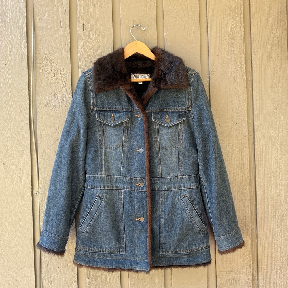 Marvin Richards Denim Jacket Women M Penny Lane Faux Fur Lined Blue Brown Coat